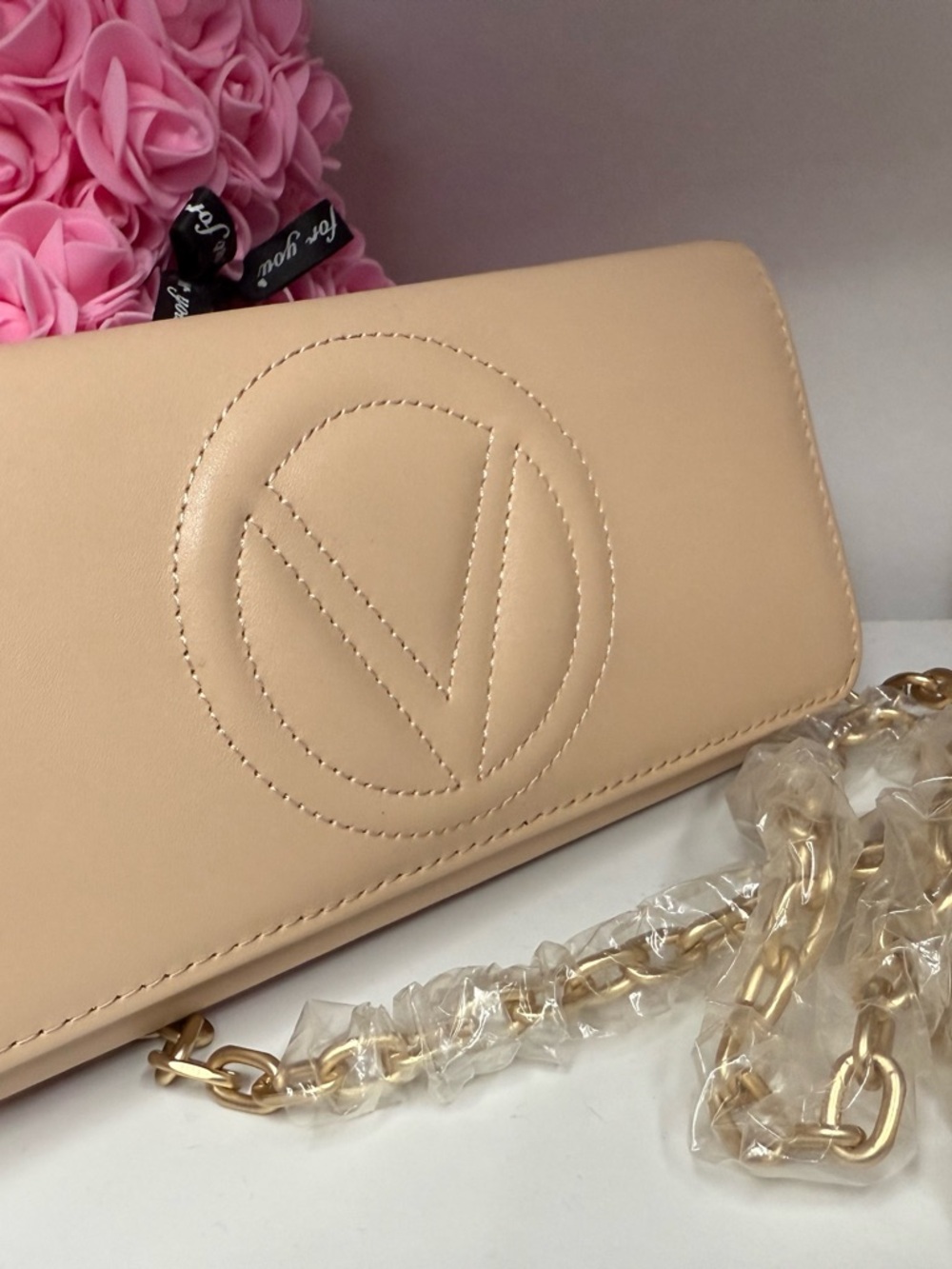 Mario Valentino Nude Beige Crossbody with Gold Chain